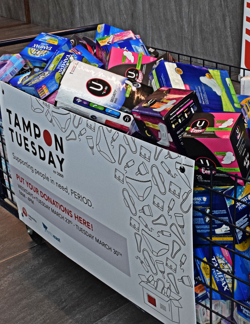 Tampon Tuesday bin full of donations