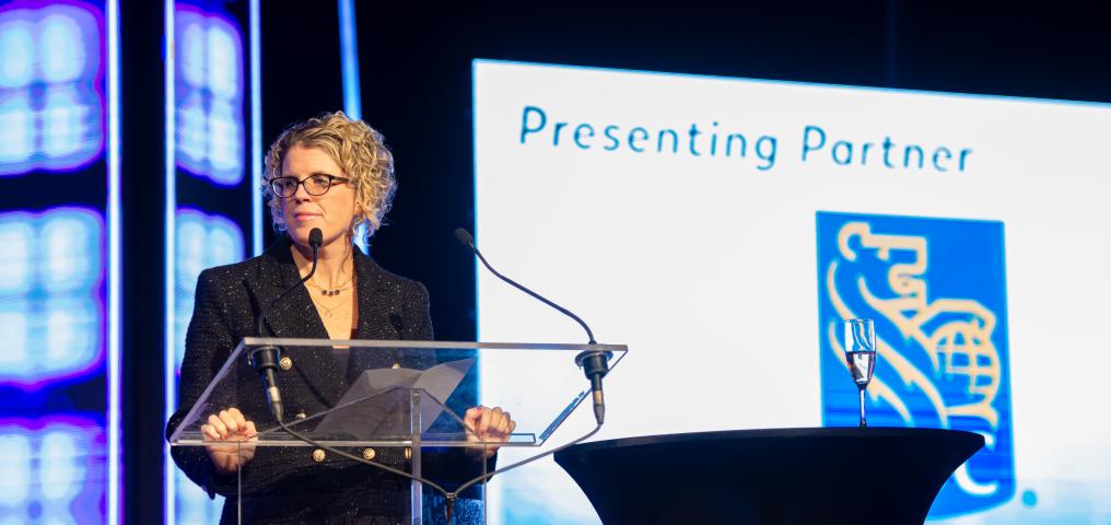 Suzanne Fougere toasts after a JUNOS speech (Credit: James Bennett)